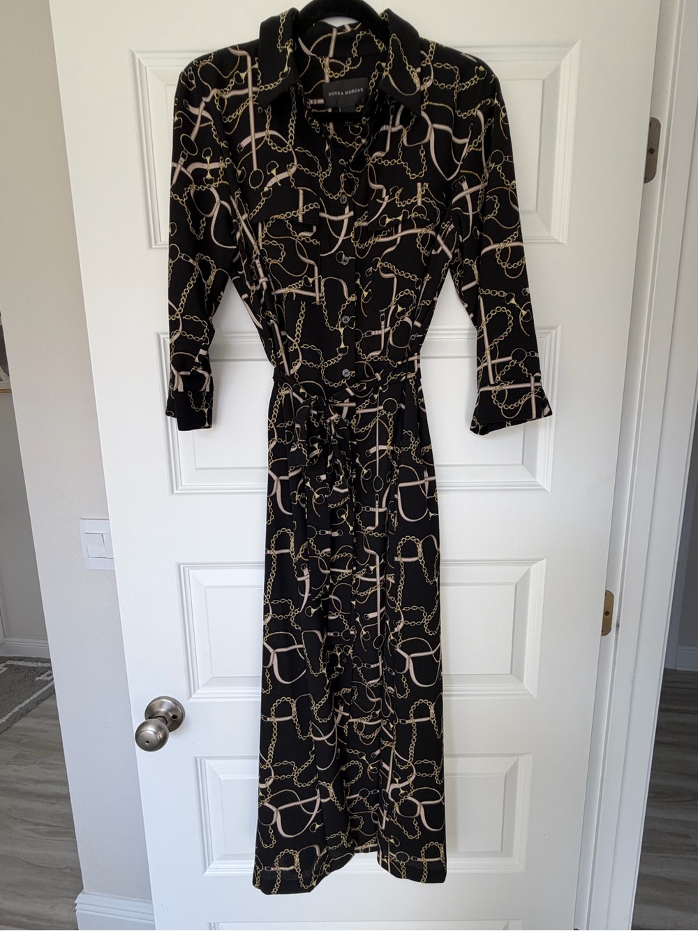 Donna Morgan Black Chain-Print Quarter Sleeve Shirt Dress